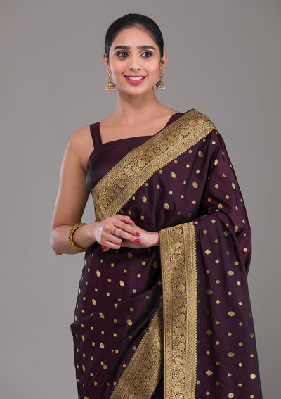 Wine Swarovski Silk Satin Saree-Koskii