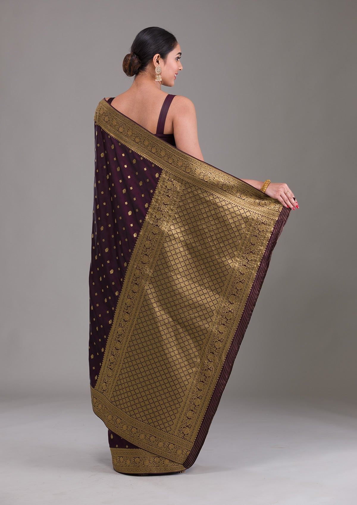 Wine Swarovski Silk Satin Saree-Koskii