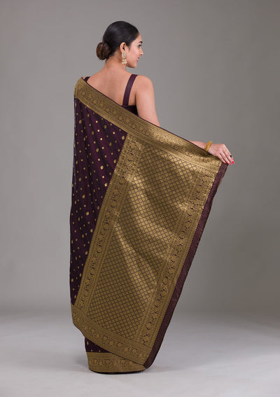 Wine Swarovski Silk Satin Saree-Koskii