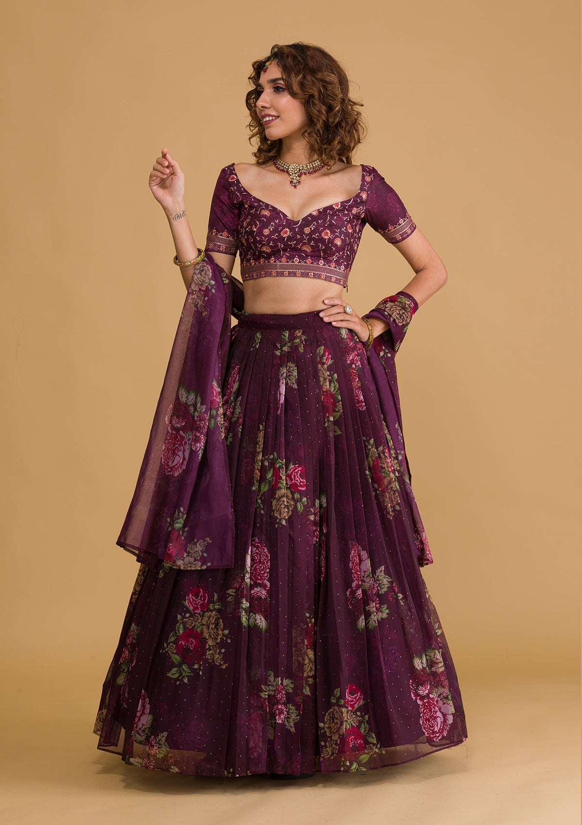 Wine Swarovski Tissue Designer Lehenga-Koskii