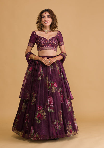 Wine Swarovski Tissue Semi Stitched Lehenga-Koskii