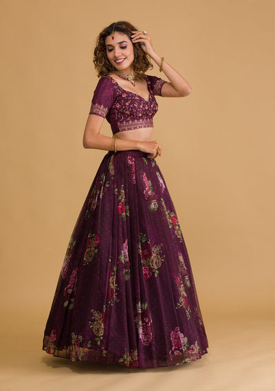 Wine Swarovski Tissue Semi Stitched Lehenga-Koskii