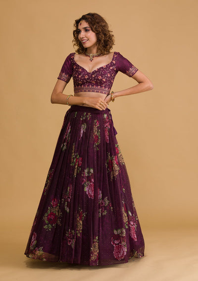 Wine Swarovski Tissue Semi Stitched Lehenga-Koskii