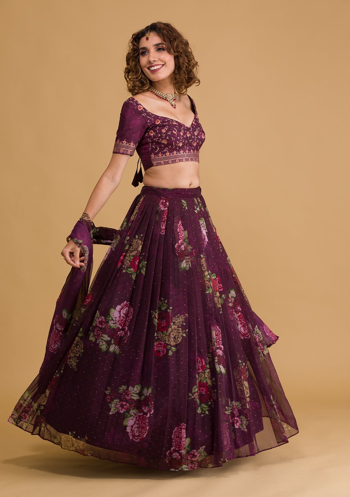 Wine Swarovski Tissue Semi Stitched Lehenga-Koskii