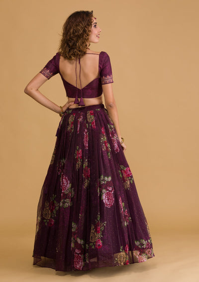 Wine Swarovski Tissue Semi Stitched Lehenga-Koskii