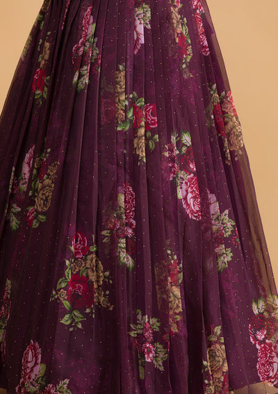 Wine Swarovski Tissue Semi Stitched Lehenga-Koskii