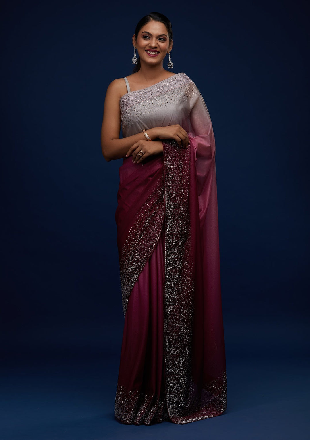 Wine Swarovski Tissue Designer Saree - Koskii