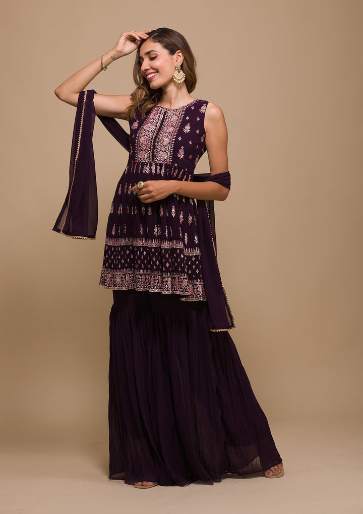 Wine Threadwork Georgette Readymade Salwar Kameez-Koskii