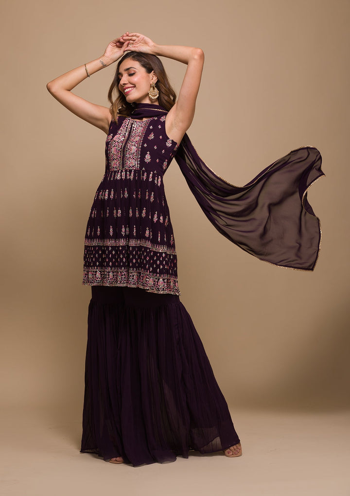 Wine Threadwork Georgette Readymade Salwar Kameez-Koskii