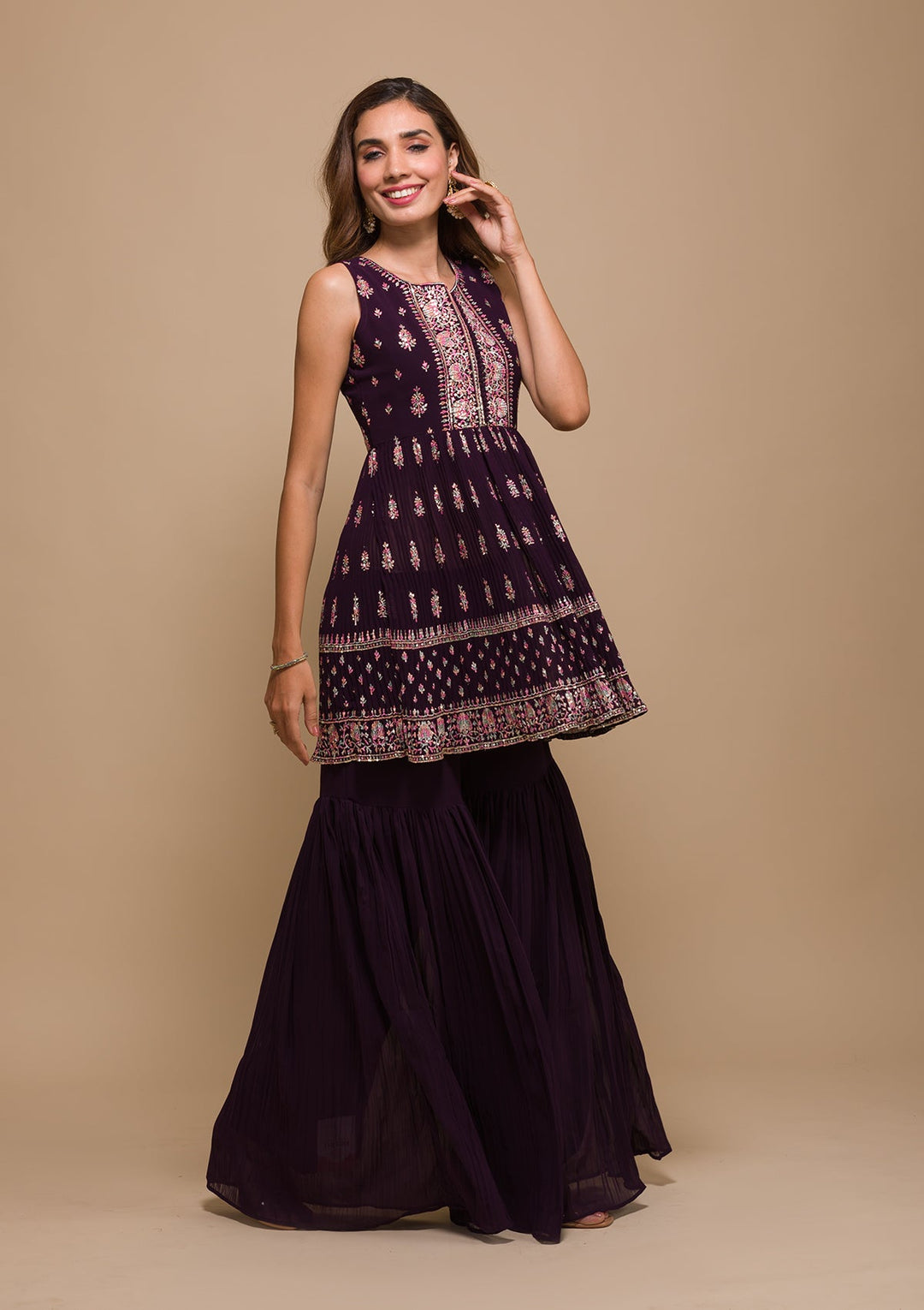 Wine Threadwork Georgette Readymade Salwar Kameez-Koskii