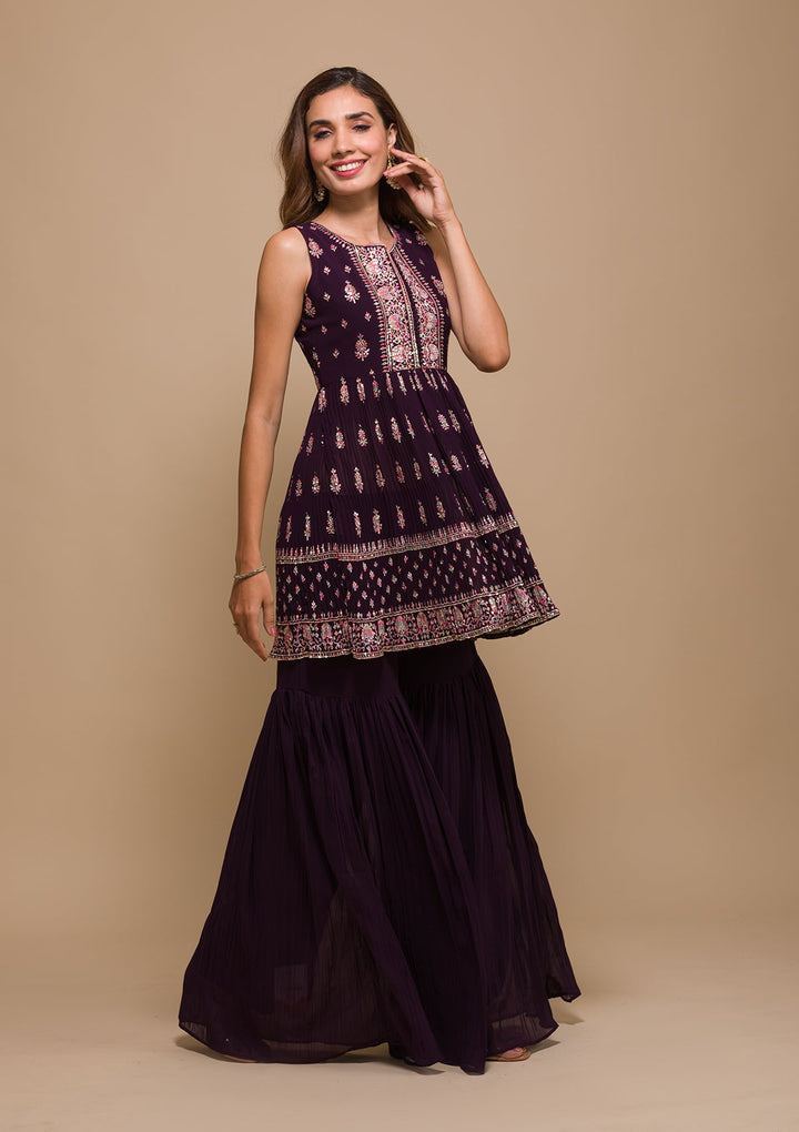 Wine Threadwork Georgette Readymade Salwar Kameez-Koskii