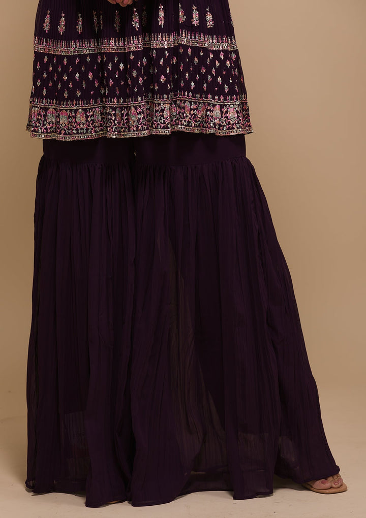 Wine Threadwork Georgette Readymade Salwar Kameez-Koskii