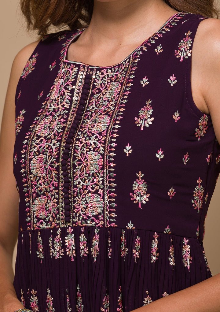 Wine Threadwork Georgette Readymade Salwar Kameez-Koskii