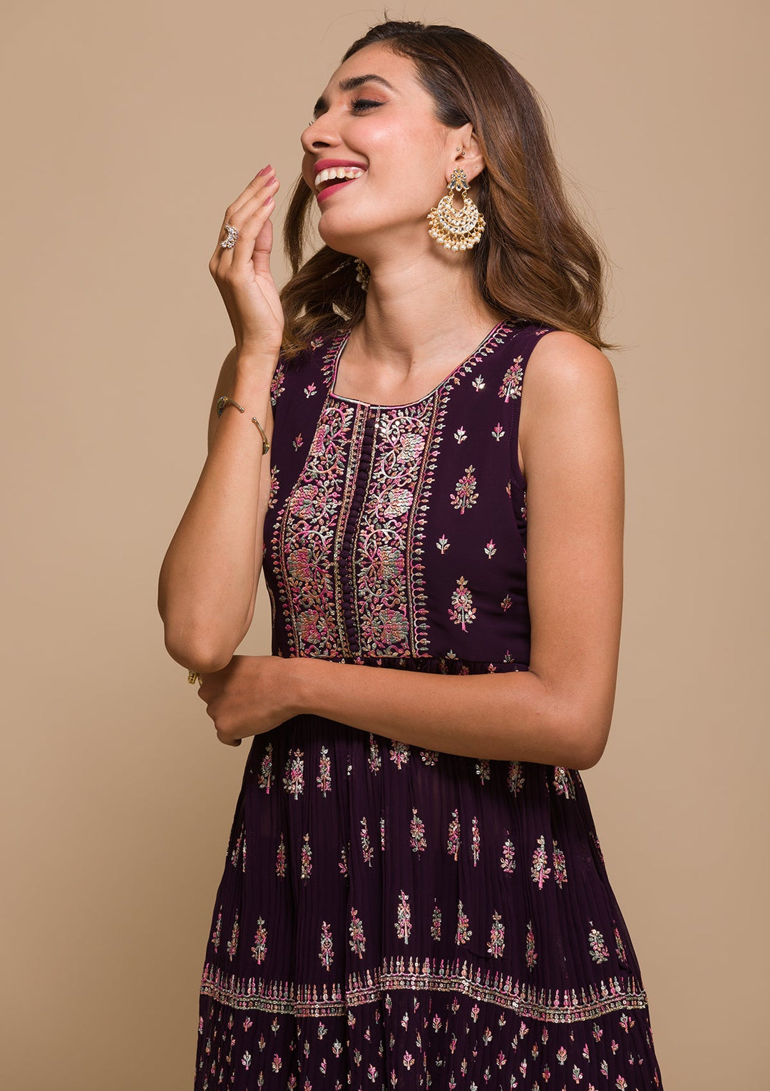 Wine Threadwork Georgette Readymade Salwar Kameez-Koskii