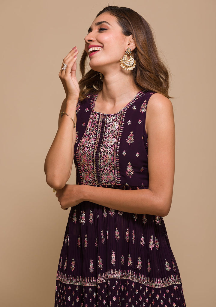 Wine Threadwork Georgette Readymade Salwar Kameez-Koskii