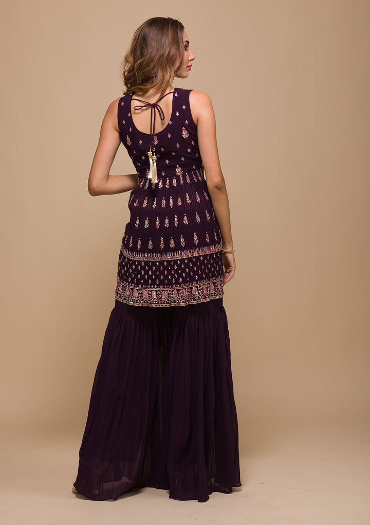 Wine Threadwork Georgette Readymade Salwar Kameez-Koskii