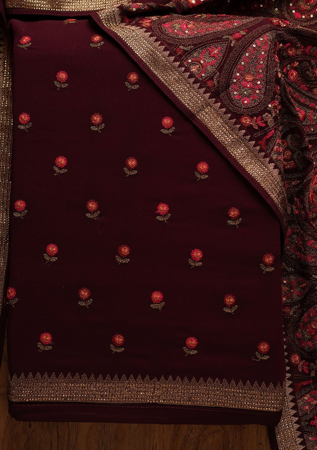 Wine Threadwork Georgette Designer Unstitched Salwar Suit - koskii