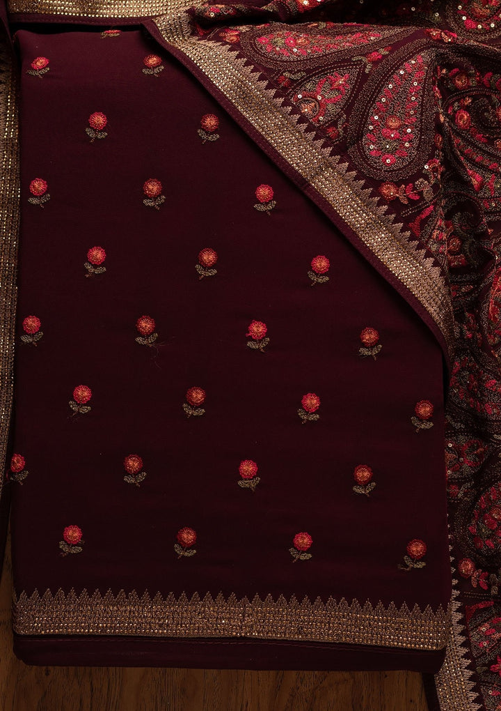 Wine Threadwork Georgette Designer Unstitched Salwar Suit - koskii