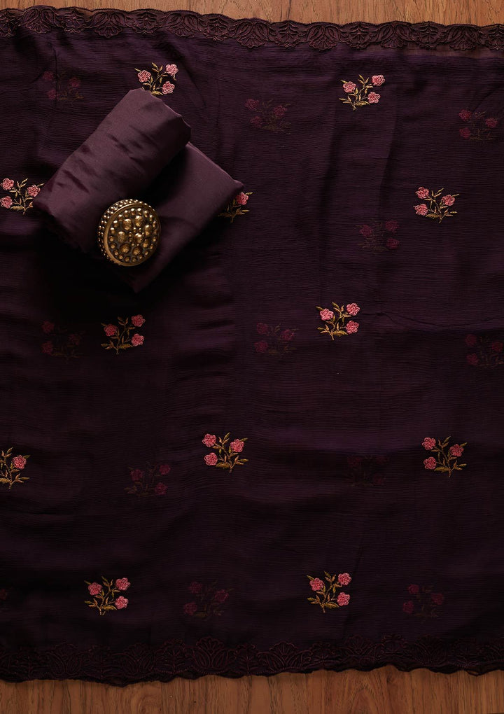 Wine Threadwork Georgette Designer Unstitched Salwar Suit - koskii