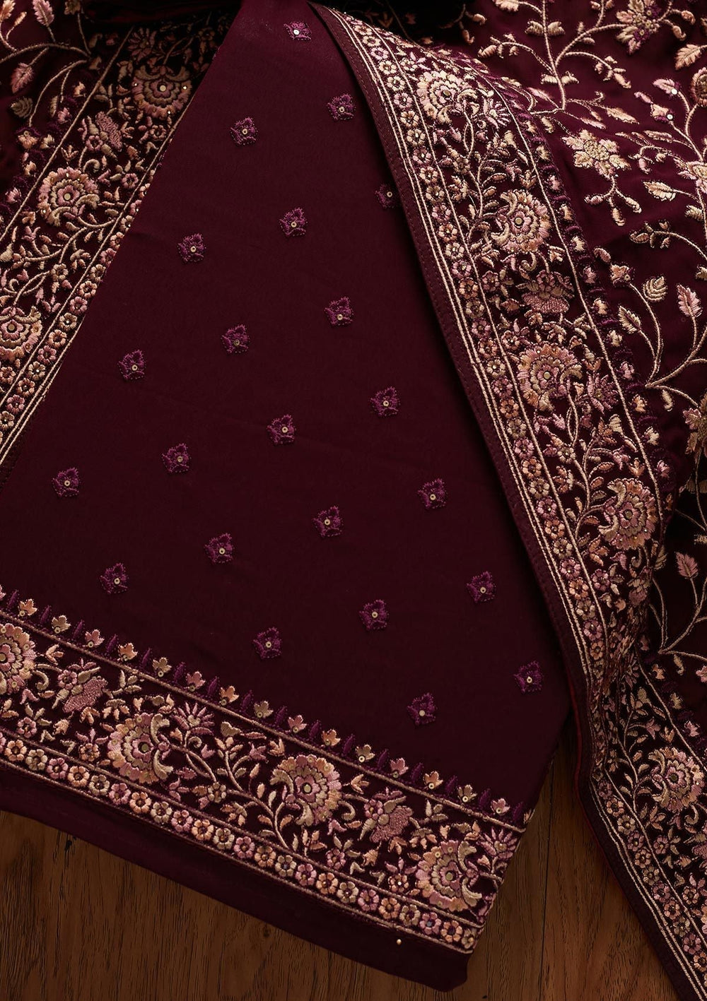 Wine Threadwork Georgette Designer Unstitched Salwar Suit - koskii