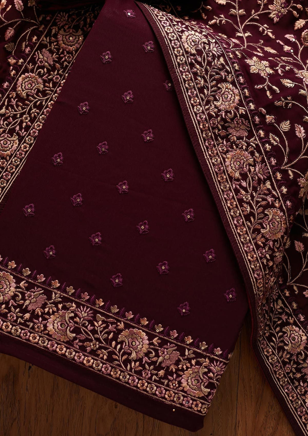 Wine Threadwork Georgette Designer Unstitched Salwar Suit - koskii
