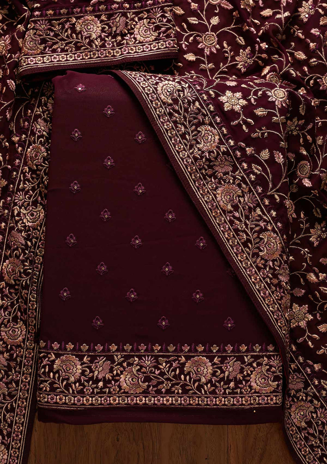 Wine Threadwork Georgette Designer Unstitched Salwar Suit - koskii