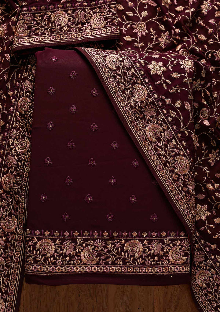 Wine Threadwork Georgette Designer Unstitched Salwar Suit - koskii