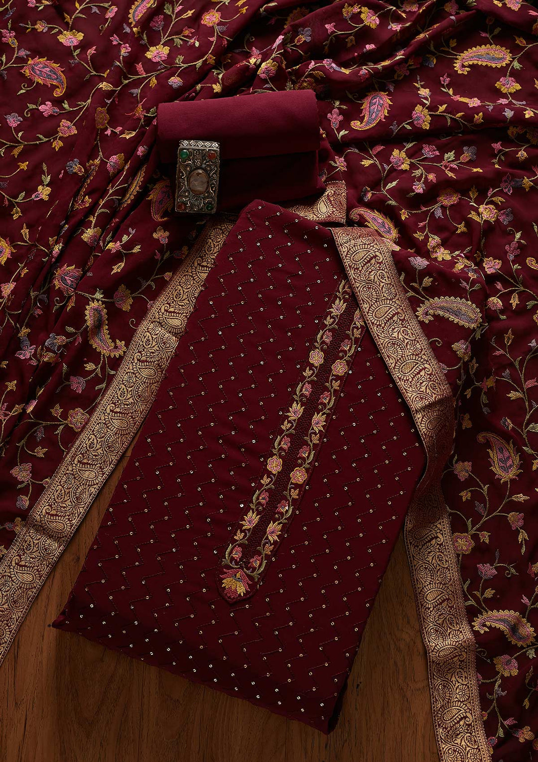 Wine Threadwork Georgette Designer Unstitched Salwar Suit - koskii