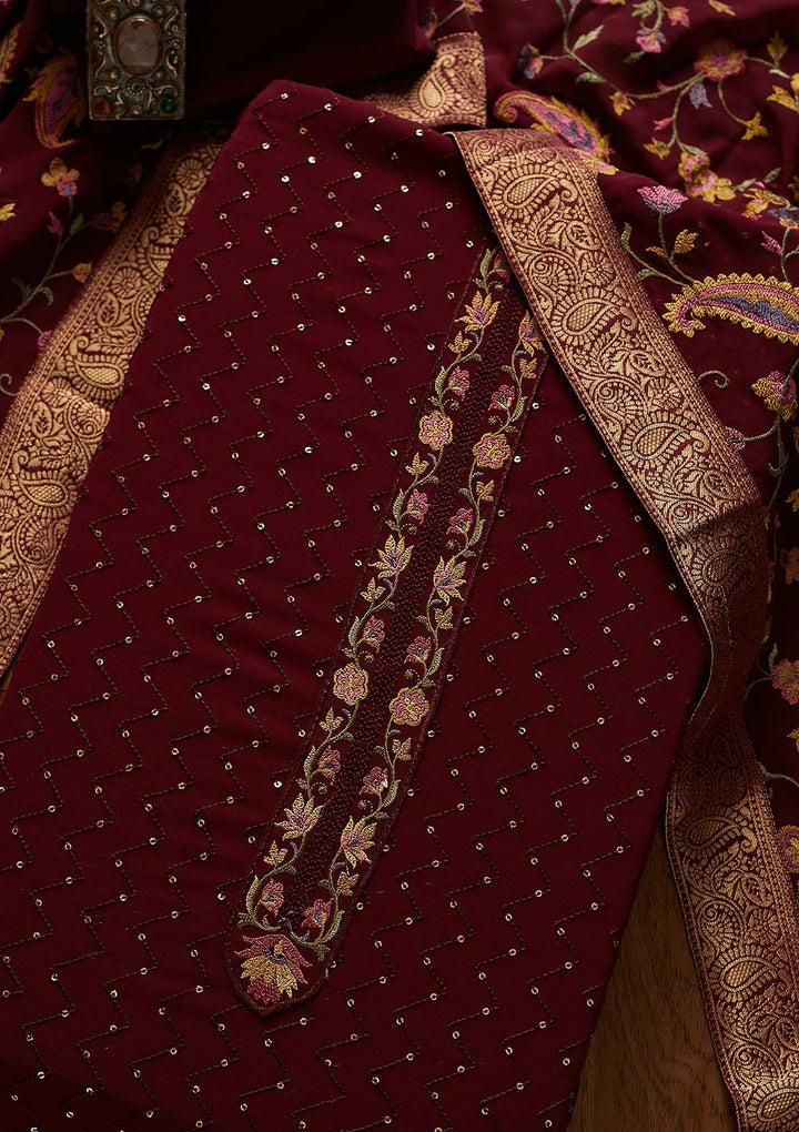Wine Threadwork Georgette Designer Unstitched Salwar Suit - koskii