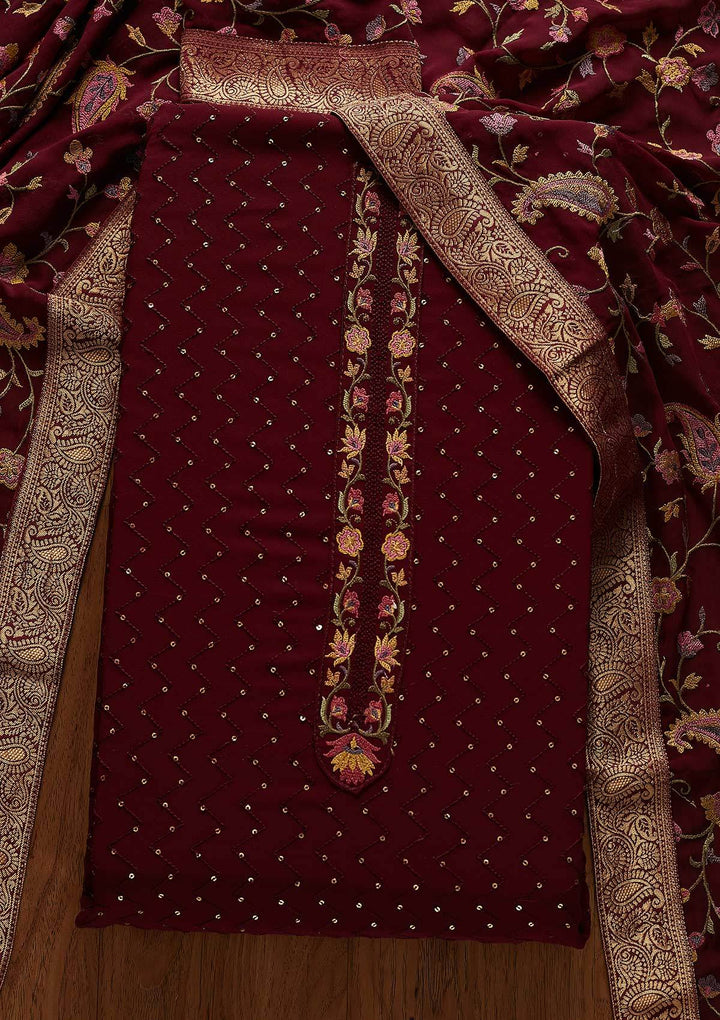 Wine Threadwork Georgette Designer Unstitched Salwar Suit - koskii