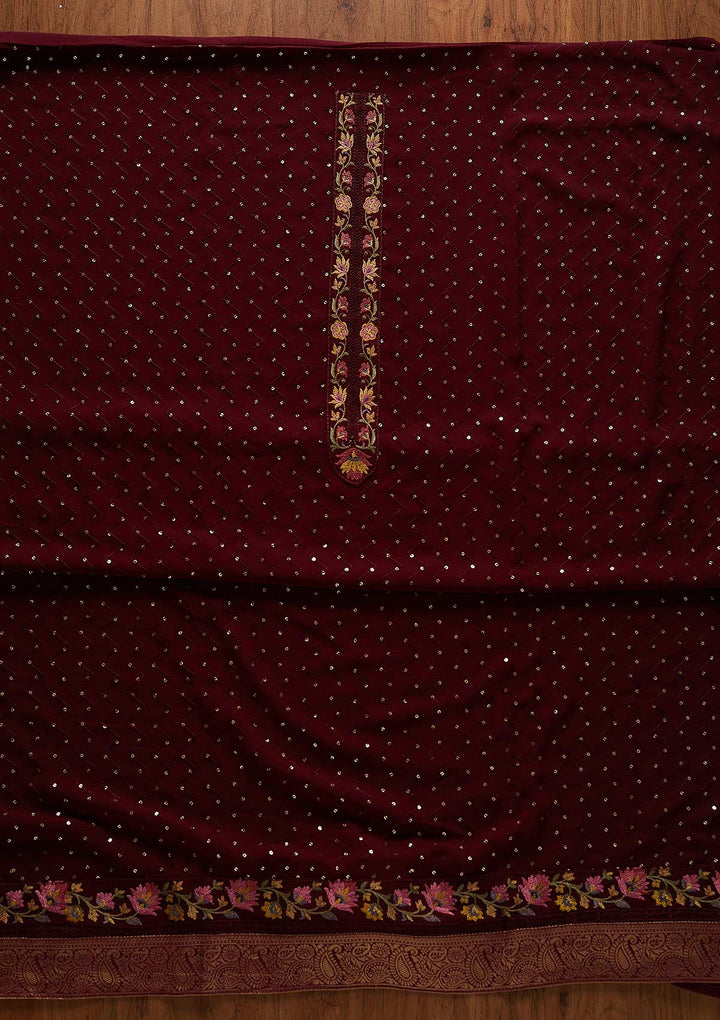 Wine Threadwork Georgette Designer Unstitched Salwar Suit - koskii