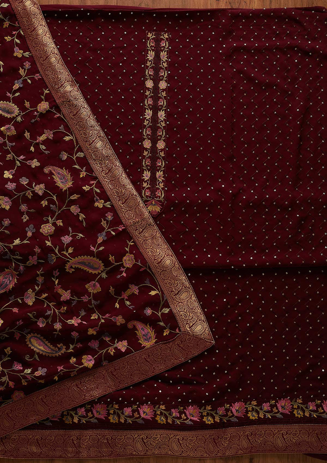 Wine Threadwork Georgette Designer Unstitched Salwar Suit - koskii