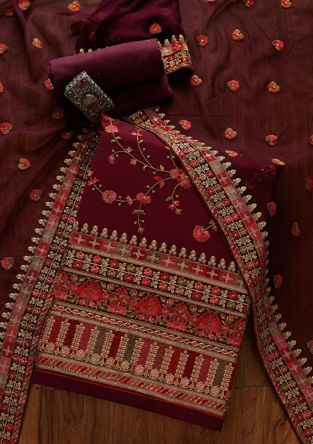 Wine Threadwork Georgette Designer Unstitched Salwar Suit - koskii
