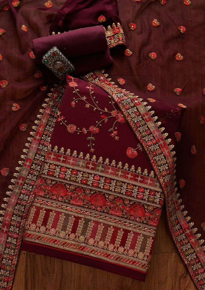Wine Threadwork Georgette Designer Unstitched Salwar Suit - koskii
