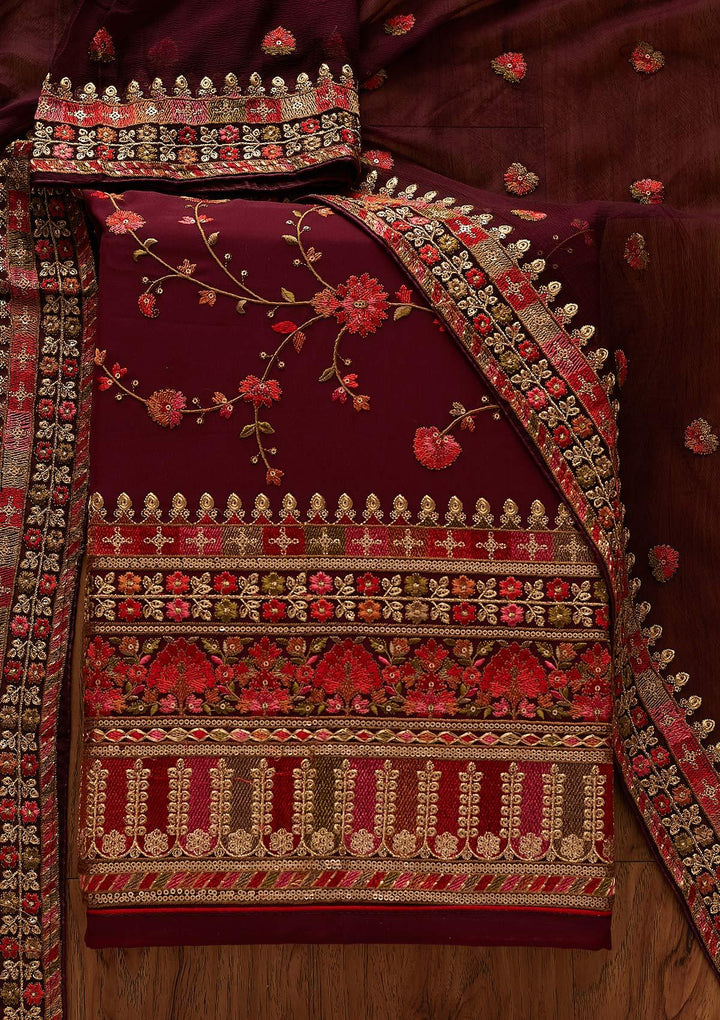 Wine Threadwork Georgette Designer Unstitched Salwar Suit - koskii