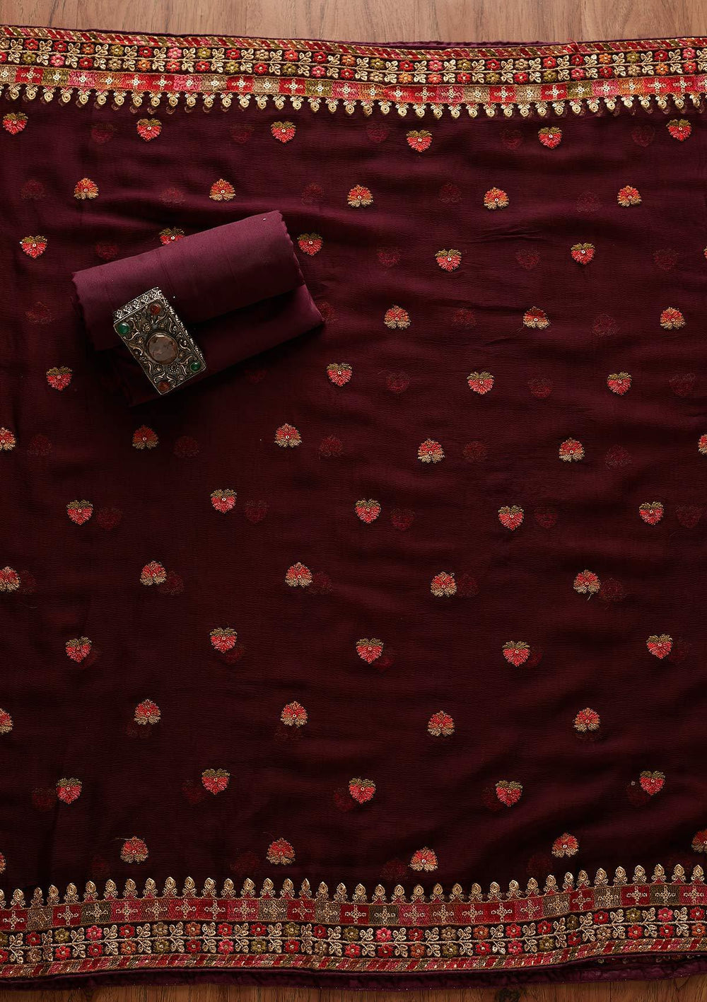 Wine Threadwork Georgette Designer Unstitched Salwar Suit - koskii