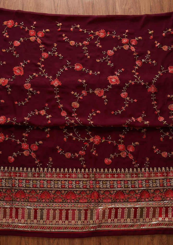 Wine Threadwork Georgette Designer Unstitched Salwar Suit - koskii