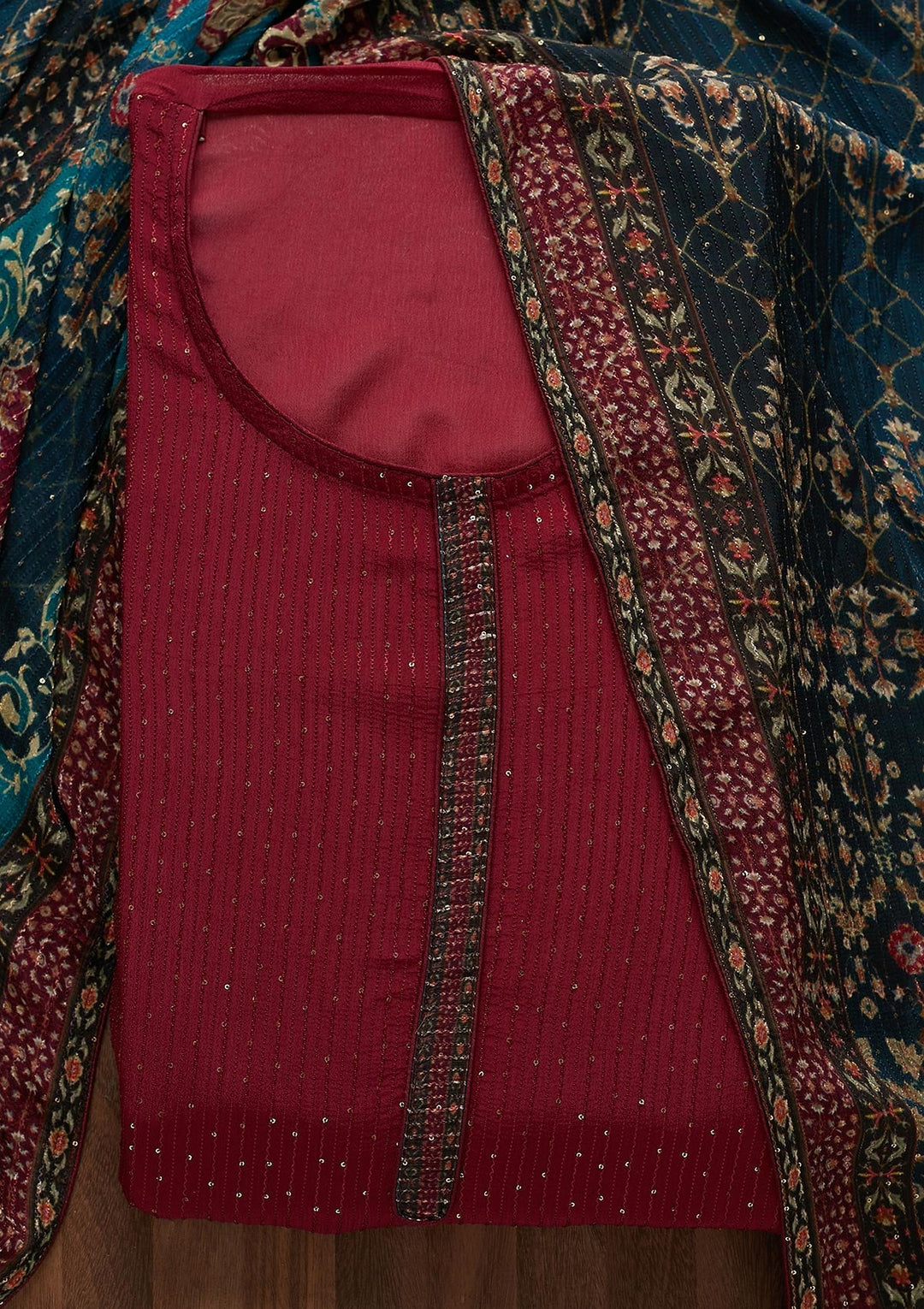Wine Threadwork Georgette  Semi-Stitched Salwar Suit - Koskii