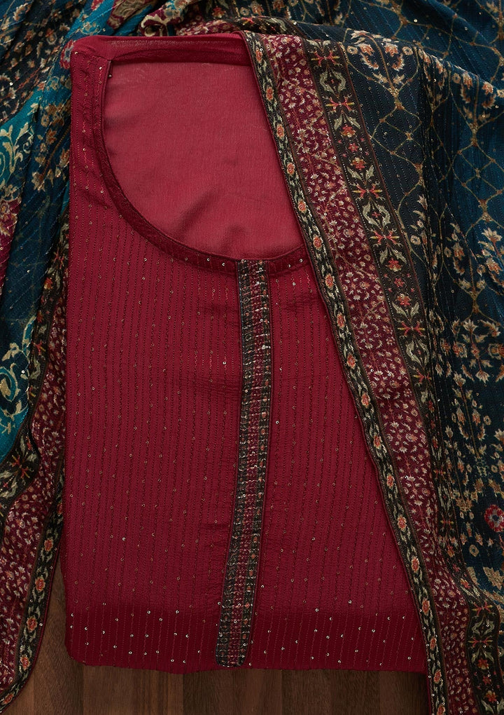 Wine Threadwork Georgette  Semi-Stitched Salwar Suit - Koskii