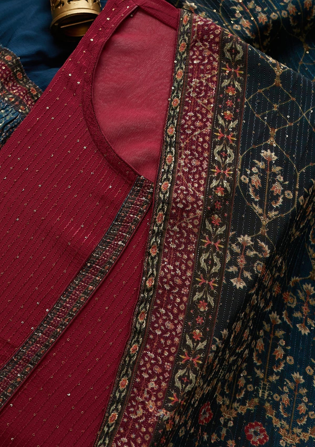 Wine Threadwork Georgette  Semi-Stitched Salwar Suit - Koskii