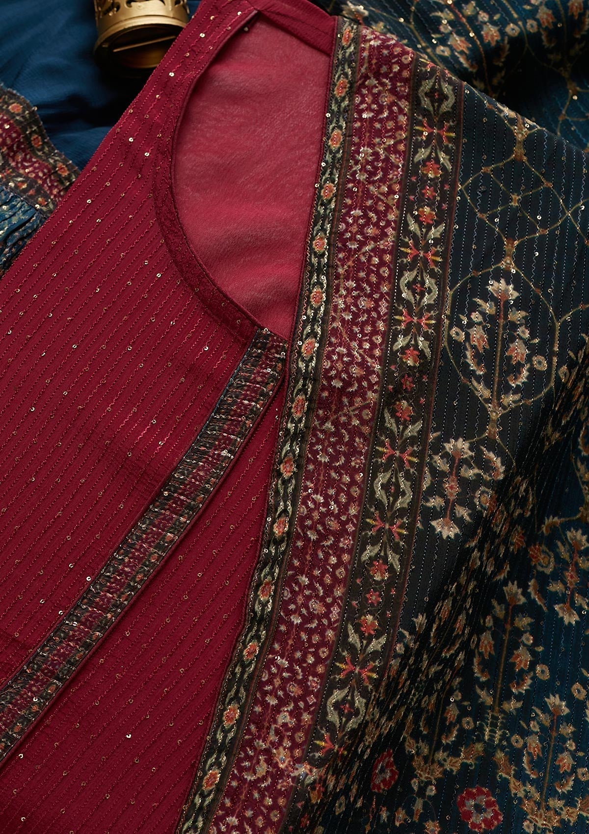 Wine Threadwork Georgette  Semi-Stitched Salwar Suit - Koskii