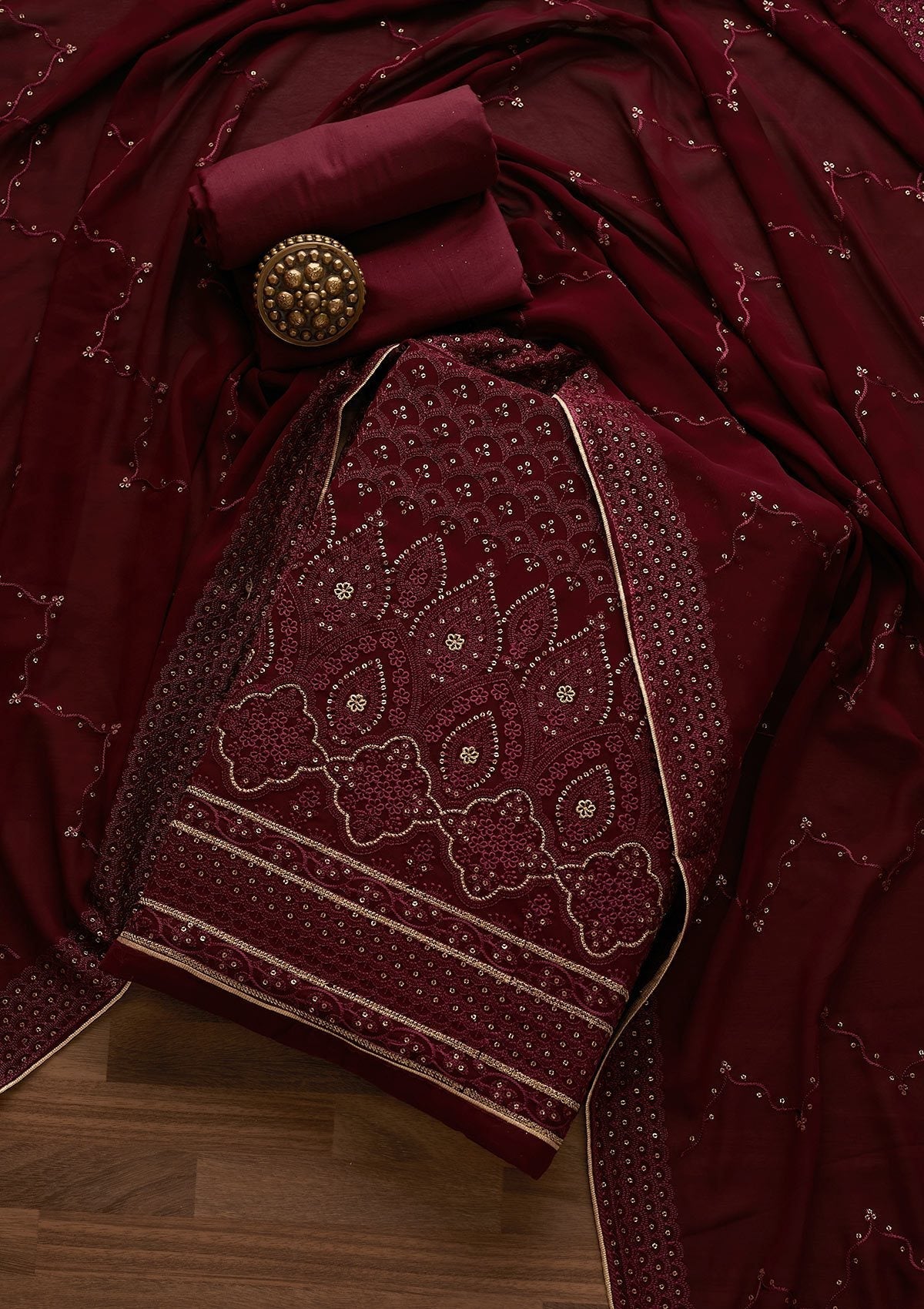 Wine Threadwork Georgette Designer Unstitched Salwar Suit - Koskii