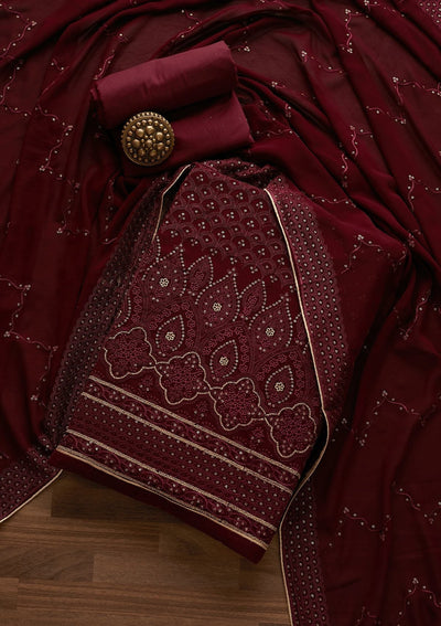 Wine Threadwork Georgette Designer Unstitched Salwar Suit - Koskii