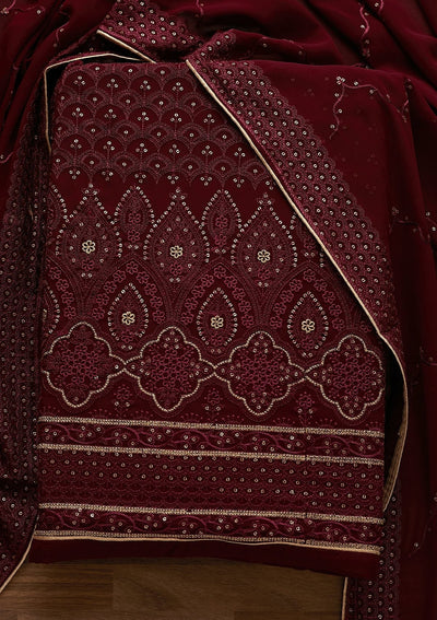 Wine Threadwork Georgette Designer Unstitched Salwar Suit - Koskii