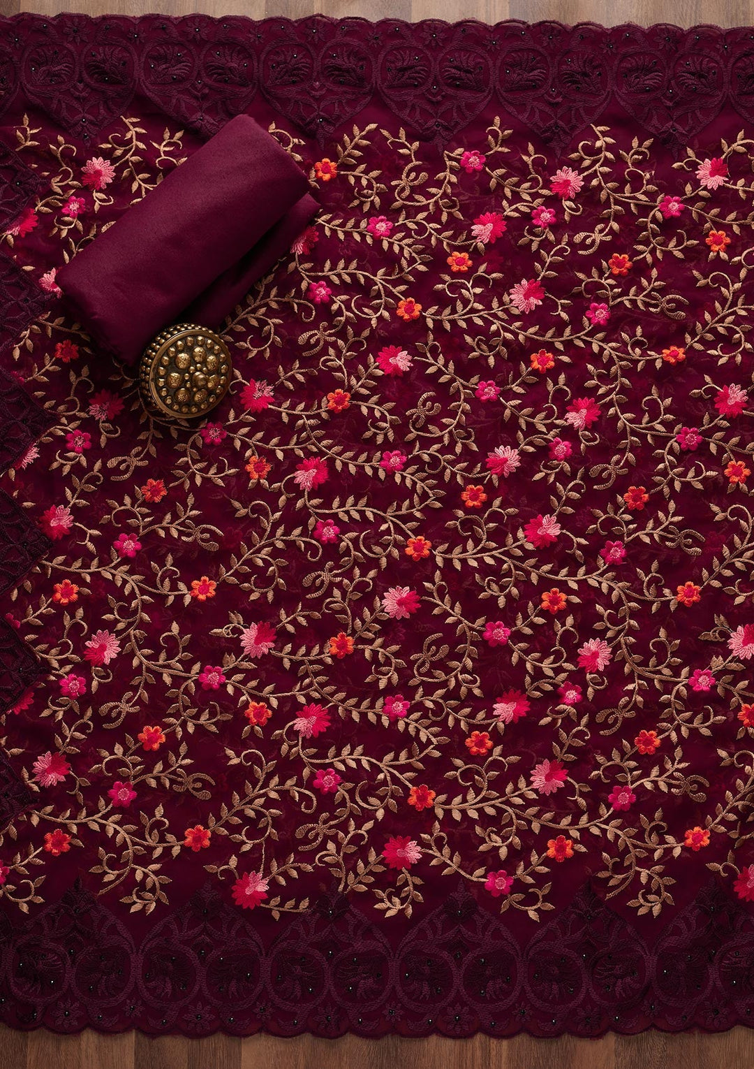 Wine Threadwork Georgette Designer Unstitched Salwar Suit - Koskii