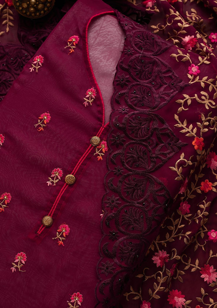 Wine Threadwork Georgette Designer Unstitched Salwar Suit - Koskii