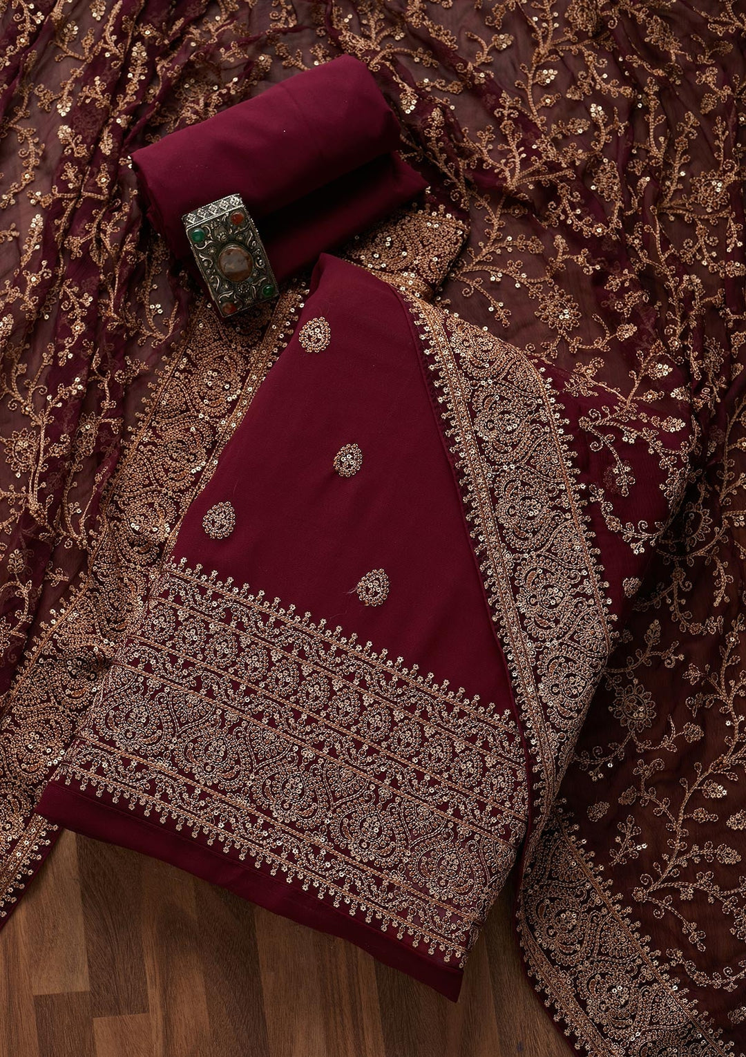 Wine Threadwork Georgette Unstitched Salwar Suit- Koskii