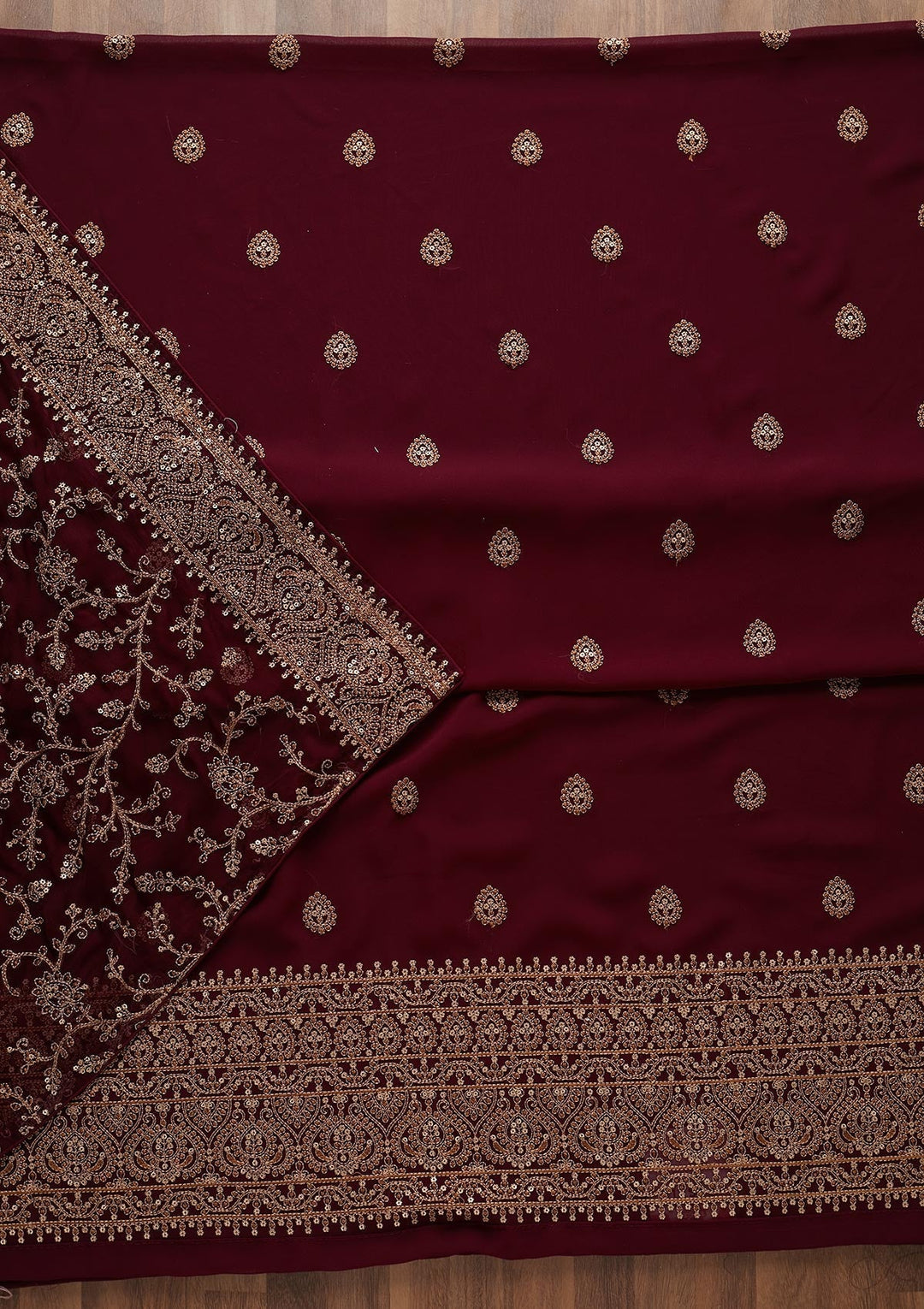 Wine Threadwork Georgette Unstitched Salwar Suit - Koskii