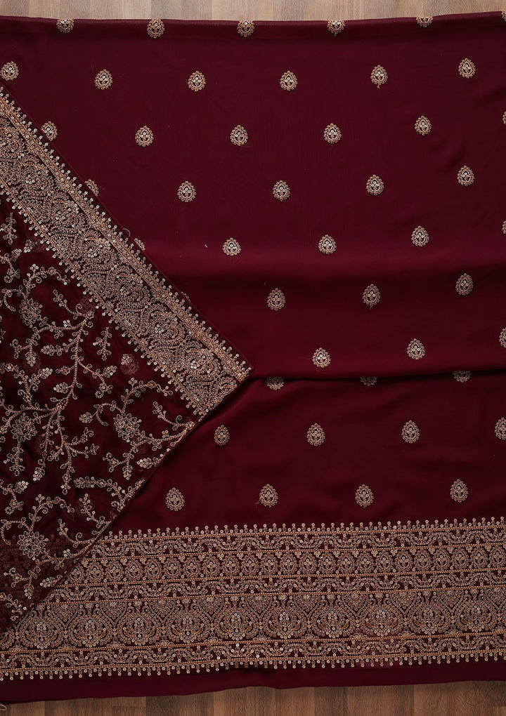 Wine Threadwork Georgette Unstitched Salwar Suit - Koskii