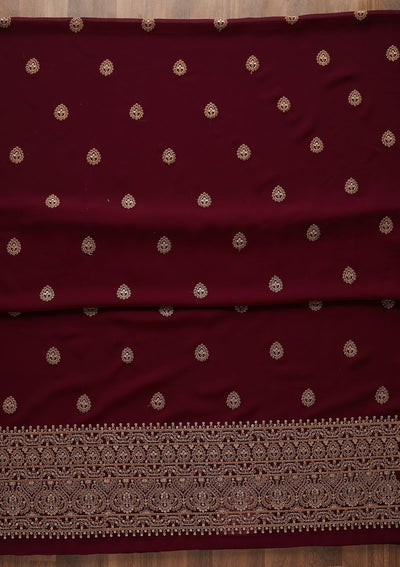 Wine Threadwork Georgette Unstitched Salwar Suit - Koskii